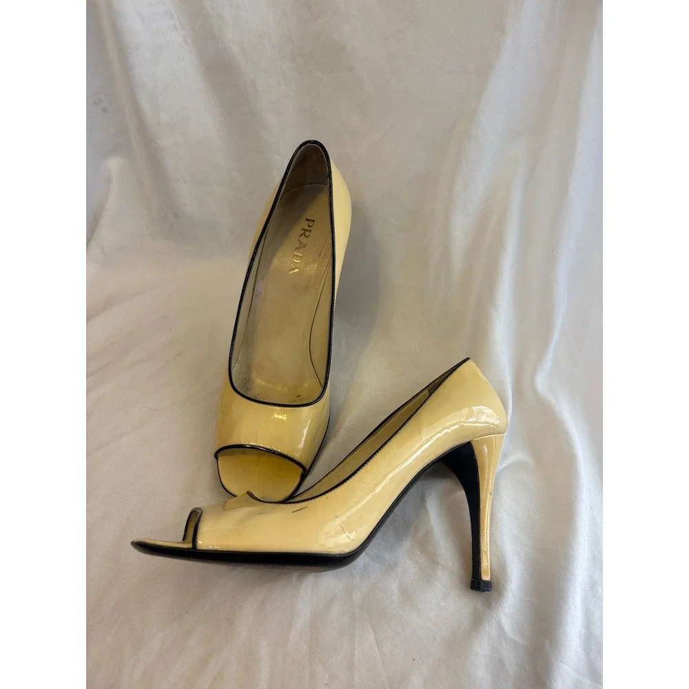 Prada Patent Leather Peep Toe Pumps Yellow Black Trim Stiletto Heels Size 37